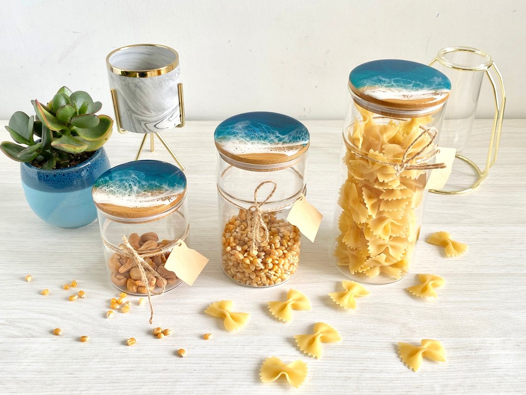 Glass Jar, Resin Ocean Painting, Wedding Gift, Home Gift - 调味罐/酱料瓶 - 玻璃 蓝色