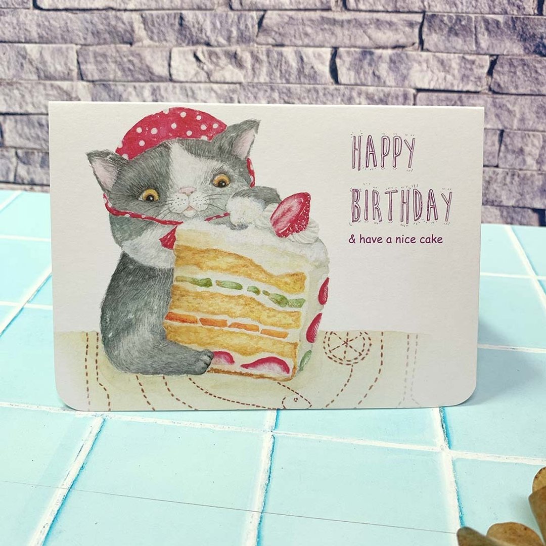 猫与甜点生日卡片 | 奔驰猫 | 蛋糕 | 庆生 | 贺卡 | 生日 - 卡片/明信片 - 纸 白色