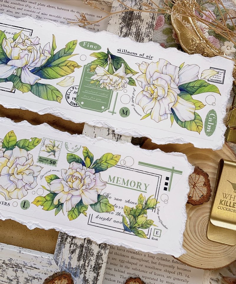 栀白韵 復古大花卉稿 クチナシ PET 和紙膠帶 - 纸胶带 - 其他材质 白色