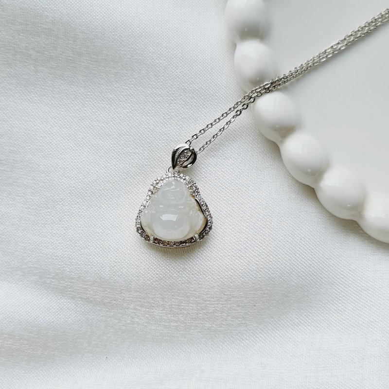 冰胶925银镶弥勒佛吊坠 | 天然缅甸玉A货翡翠 - 项链 - 玉石 