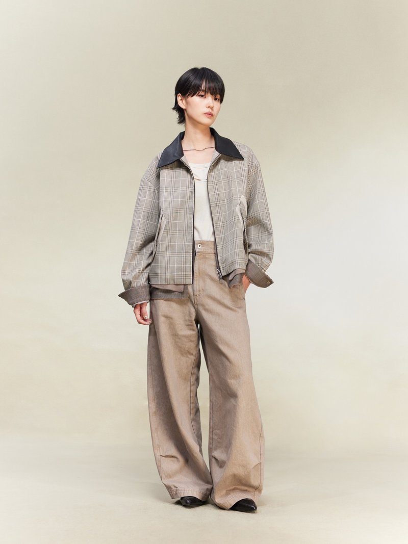 【千鸟】错落拼接千鸟格皮领外套夹克 - 男装外套 - 棉．麻 卡其色