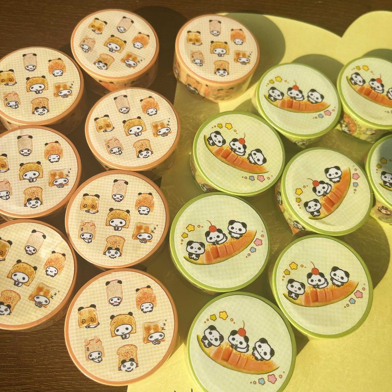 【蜜瓜/面包】可爱熊猫和纸拉条胶带/古早装饰胶带/手账胶带 - 纸胶带 - 纸 多色