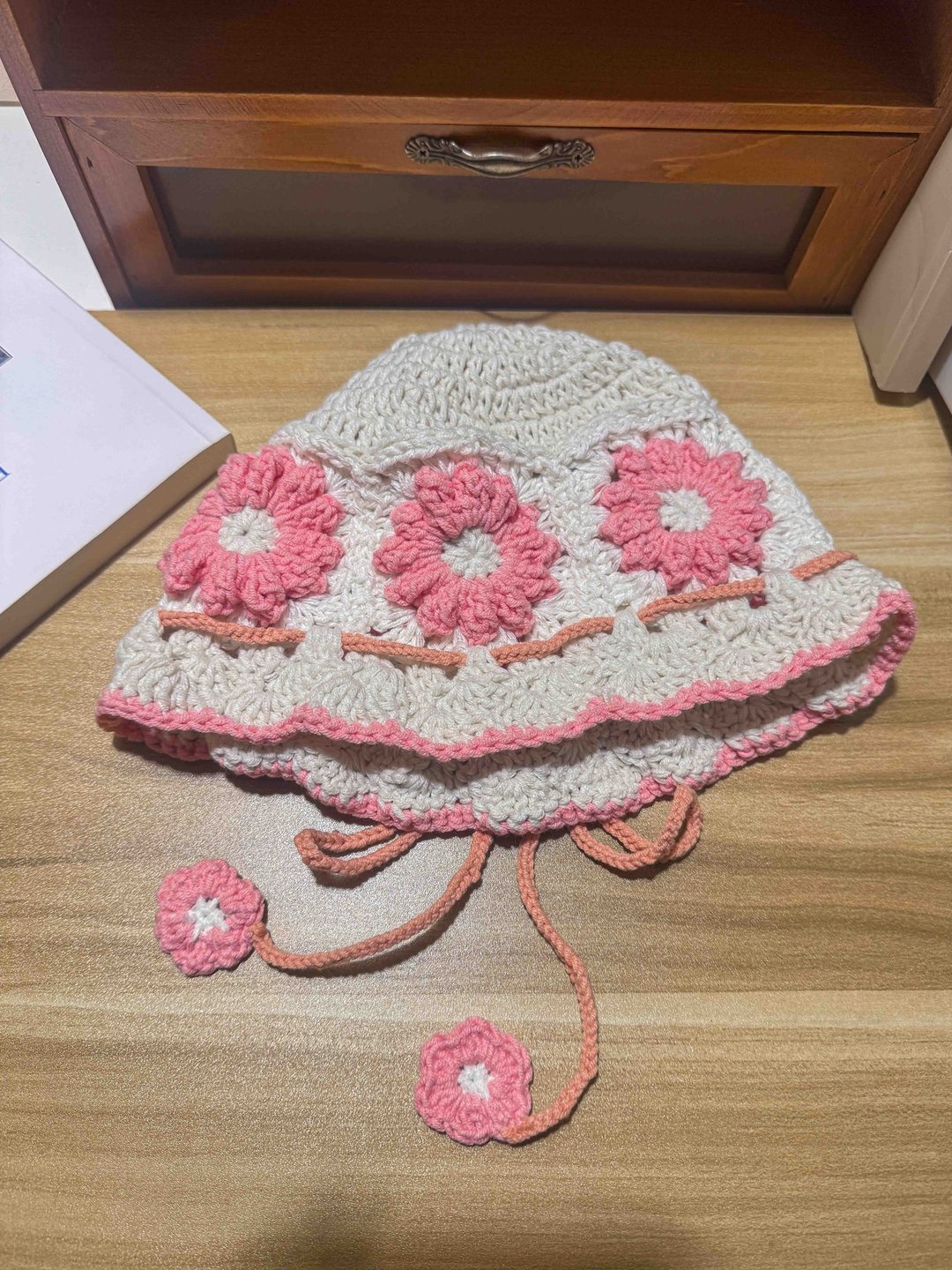 MUMU 儿童可爱梅子配色小雏菊织片钩织帽子 HAND MADE - 婴儿帽/发带 - 棉 粉红色
