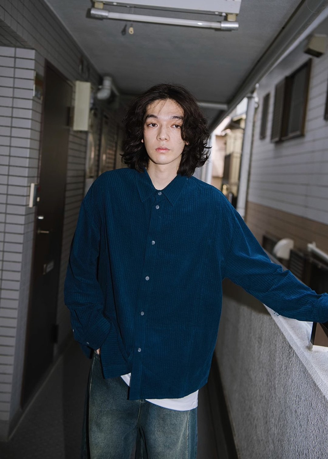 暗夜蓝 复古灯芯绒长袖衬衫 - 男装衬衫 - 其他材质 蓝色