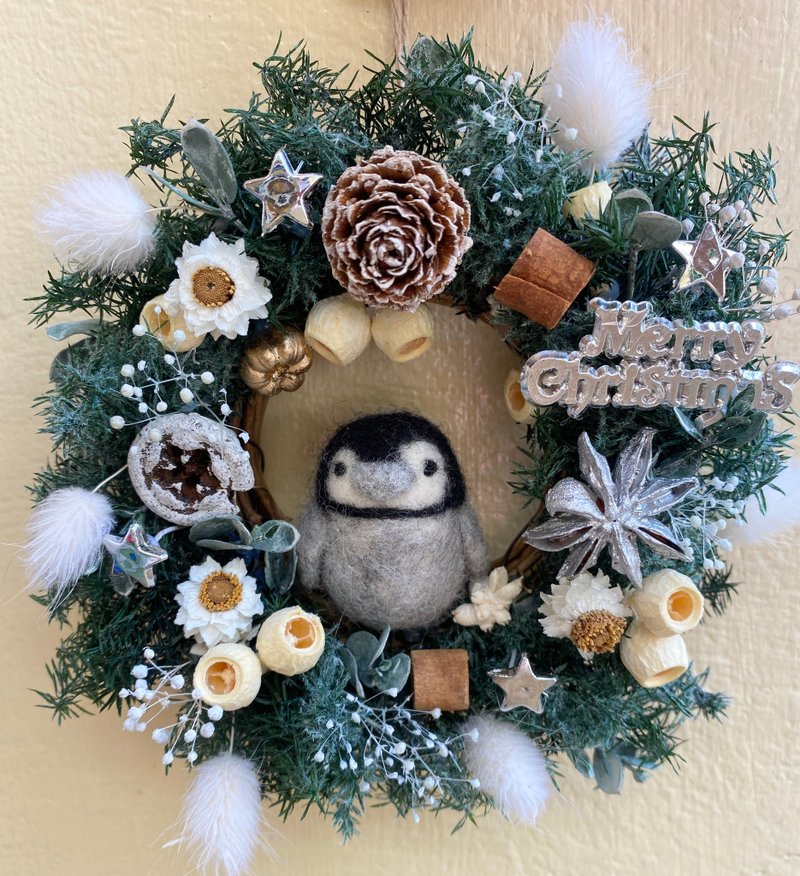 手工原创羊毛毡小企鹅日本永生雪松圣诞小花圈飘雪款 - 干燥花/捧花 - 植物．花 