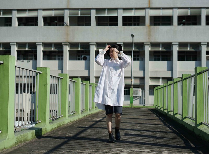 手作-白色红虚线棉质长版澎袖衬衫洋装 - 洋装/连衣裙 - 棉．麻 白色