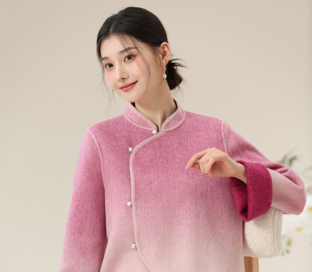 新中式中国风 羊毛双面呢 外套/半裙 - 女装上衣 - 羊毛 粉红色