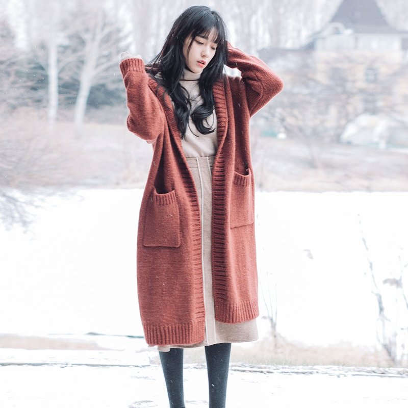 安妮陈2017冬装新款女装无扣加厚毛衣连帽开衫 - 女装针织衫/毛衣 - 棉．麻 红色