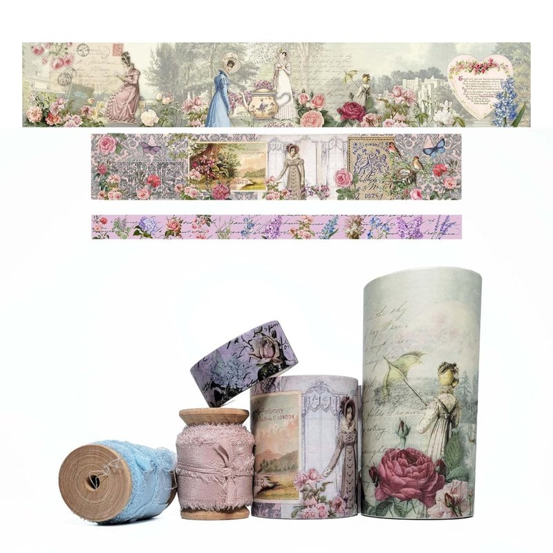 Jane Austen Romantic wide washi tapes and silk ribbons scrap - 纸胶带 - 纸 多色