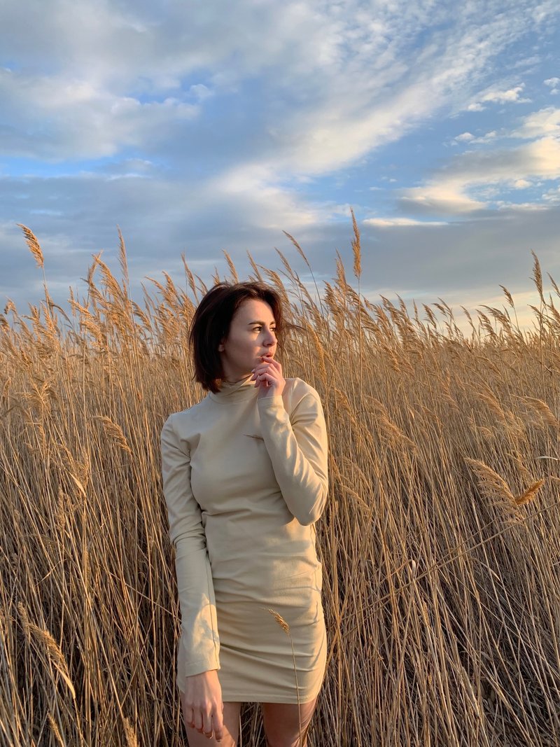 Beige Turtleneck Dress. Warm Knee Length Bodycon Dress. Women Fitted Mini Dress - 洋装/连衣裙 - 其他材质 卡其色