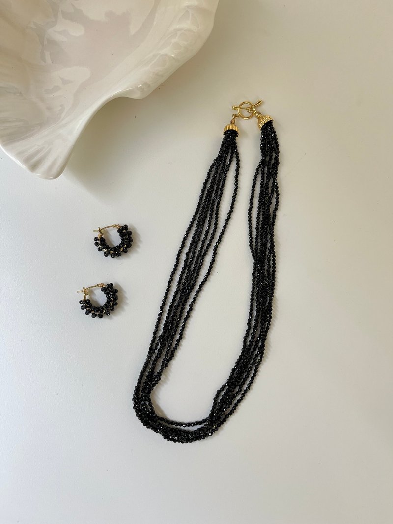 法式重工黑色尖晶石多层项链 锁骨链 - 项链 - 水晶 黑色