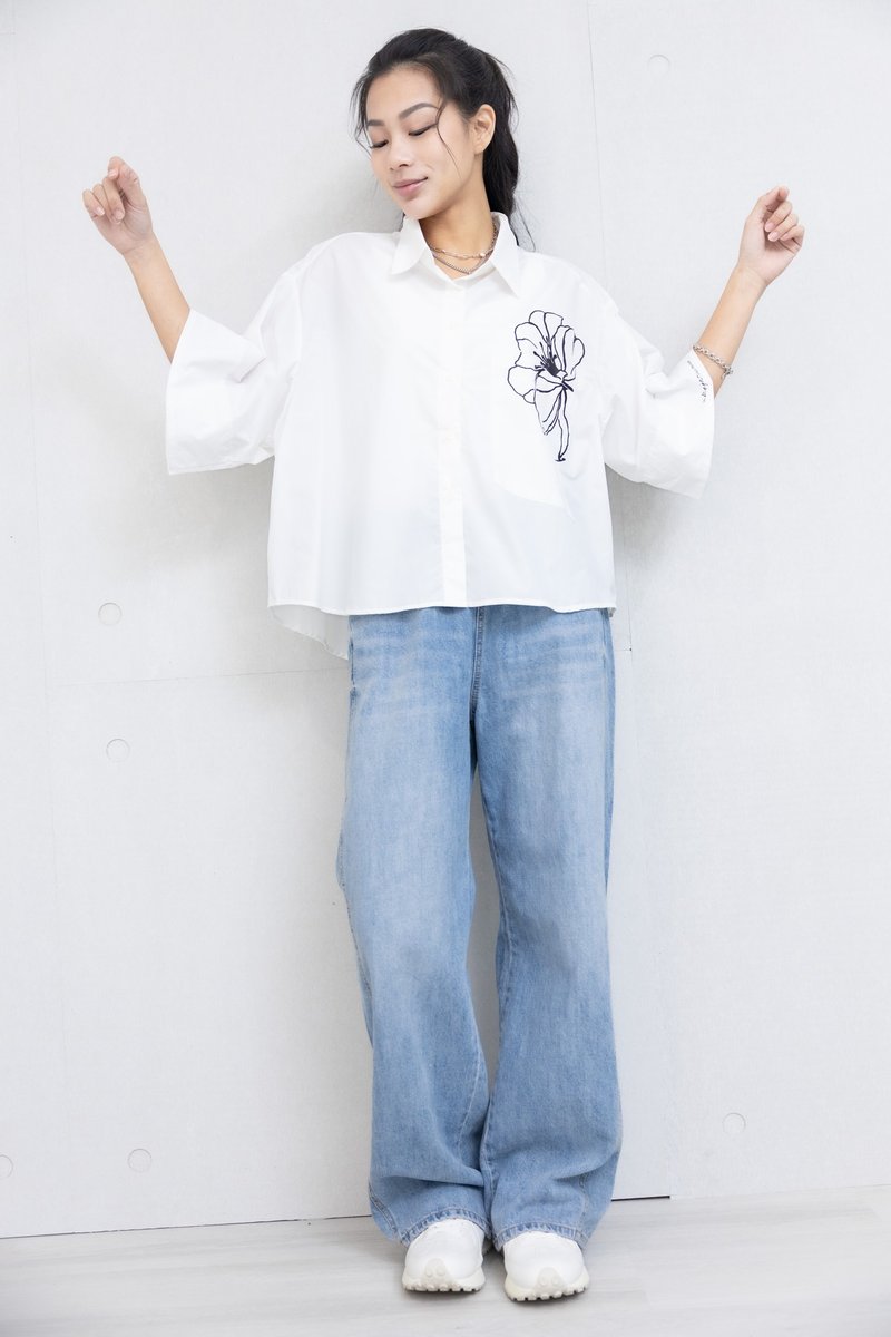 黑扶桑花六分袖衬衫 白色 - 女装 T 恤 - 其他材质 白色