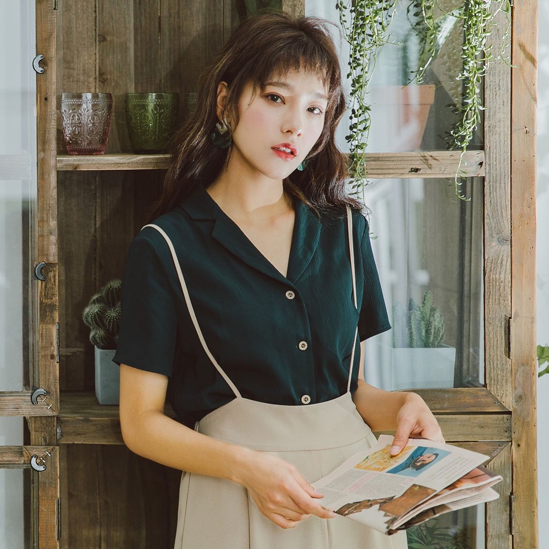 2018夏季新款女装纯色西装领短袖衬衫 YMX8324 - 女装衬衫 - 聚酯纤维 绿色