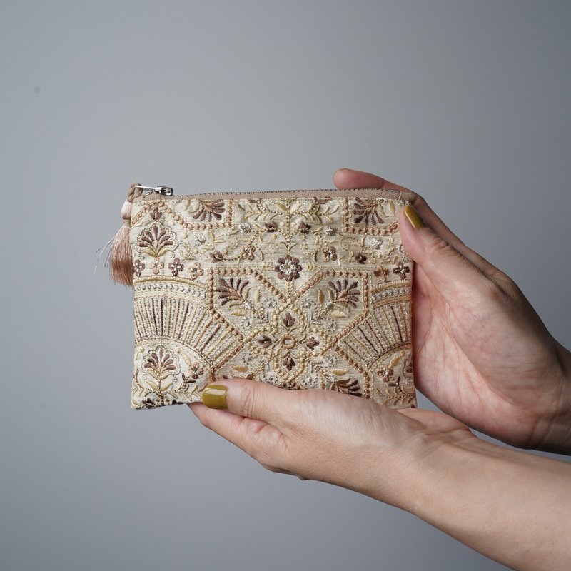 印度刺绣布料扁平收纳包 小款 米色 - 化妆包/杂物包 - 其他材质 