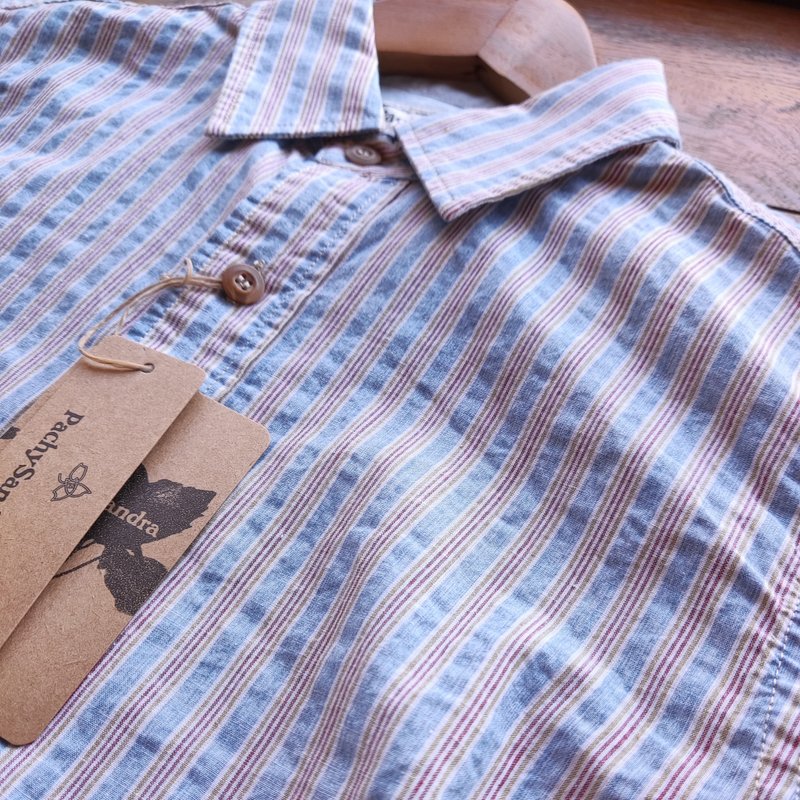 棉×比利时亚麻 泡泡纱 浅蓝 条纹 衬衫 - 男装衬衫 - 棉．麻 蓝色