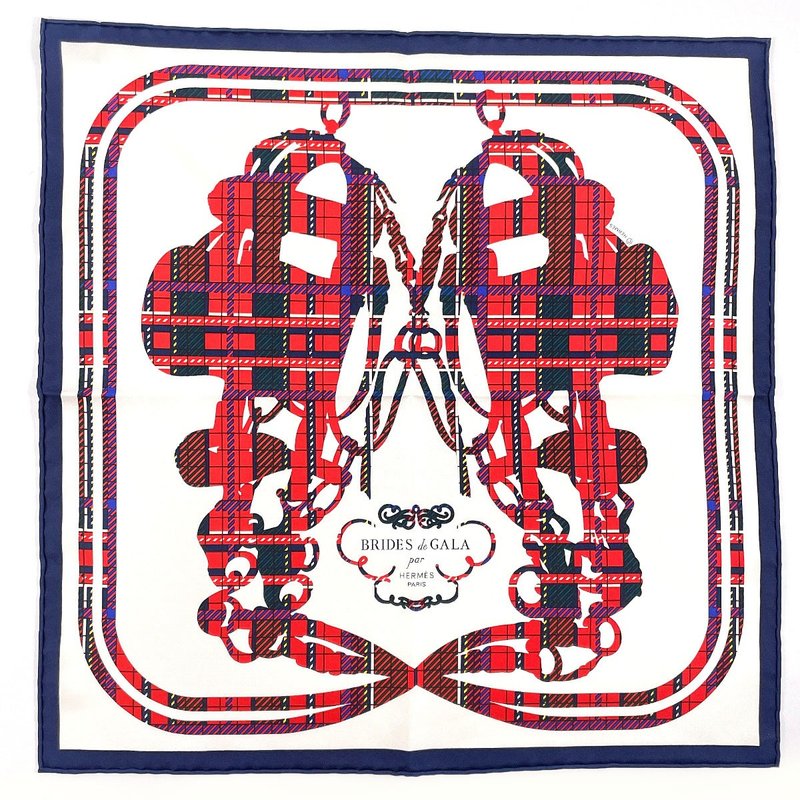 【日本直送 状况极佳二手品】爱马仕 HERMÈS 丝巾 Gavroche 45 BRIDES de GALA Tartan 婚礼图腾 - 丝巾 - 丝．绢 白色