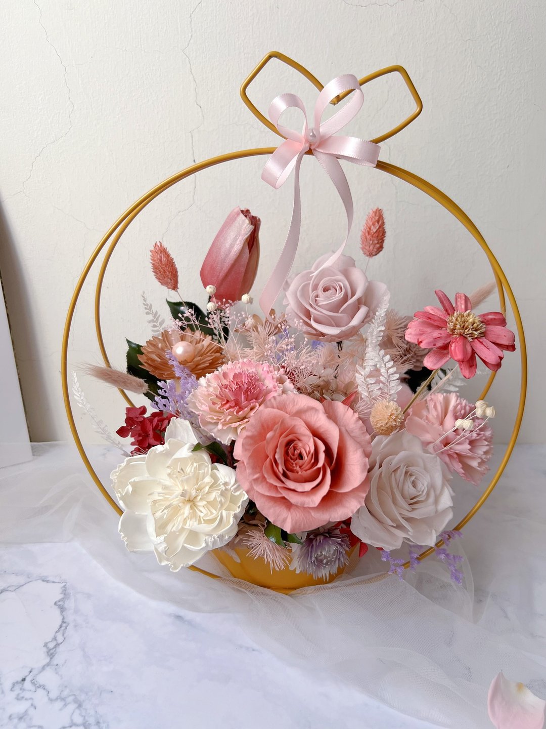 【flower-of-life】金框圆满雅致花礼 开幕花盆 入厝礼 - 干燥花/捧花 - 植物．花 粉红色
