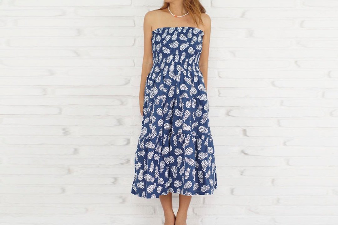 Pineapple print Tiered Dress - 洋装/连衣裙 - 其他材质 蓝色