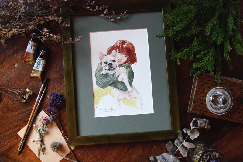 日系水彩 手绘定制人像 x 宠物肖像似颜绘 毛小孩 纪念 送礼 - 订制画像 - 纸 绿色