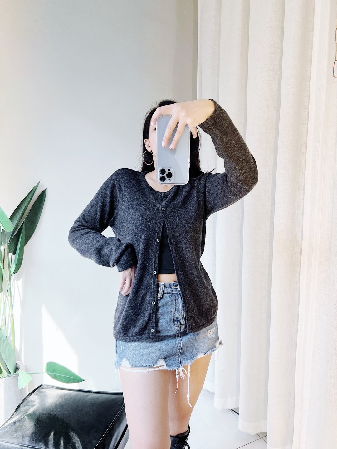 深灰素面典雅开襟外套 古董羊绒羊毛衣毛衫cashmere sweater - 女装针织衫/毛衣 - 羊毛 灰色