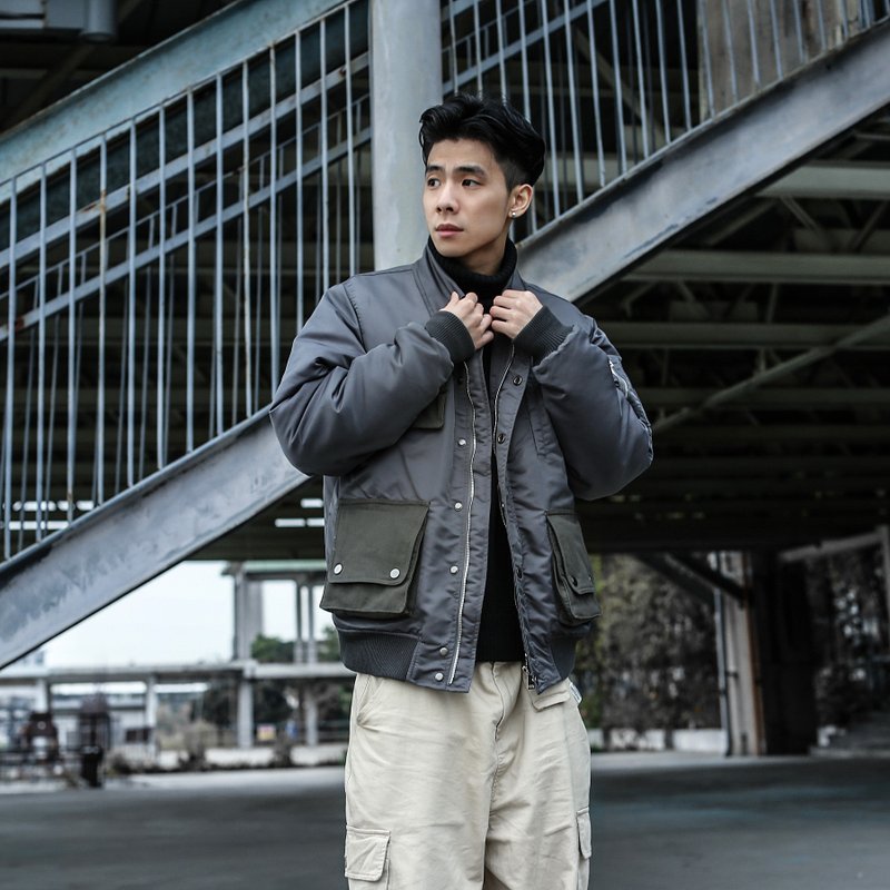 户外机能日系搭配工装多口袋拼色风衣夹克飞行外套/MA-1/翻领棉衣 - 女装休闲/机能外套 - 聚酯纤维 灰色