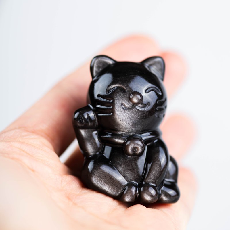 银曜石招财猫 | 招财防小人水晶摆件 | 天然水晶礼物 - 摆饰 - 半宝石 黑色