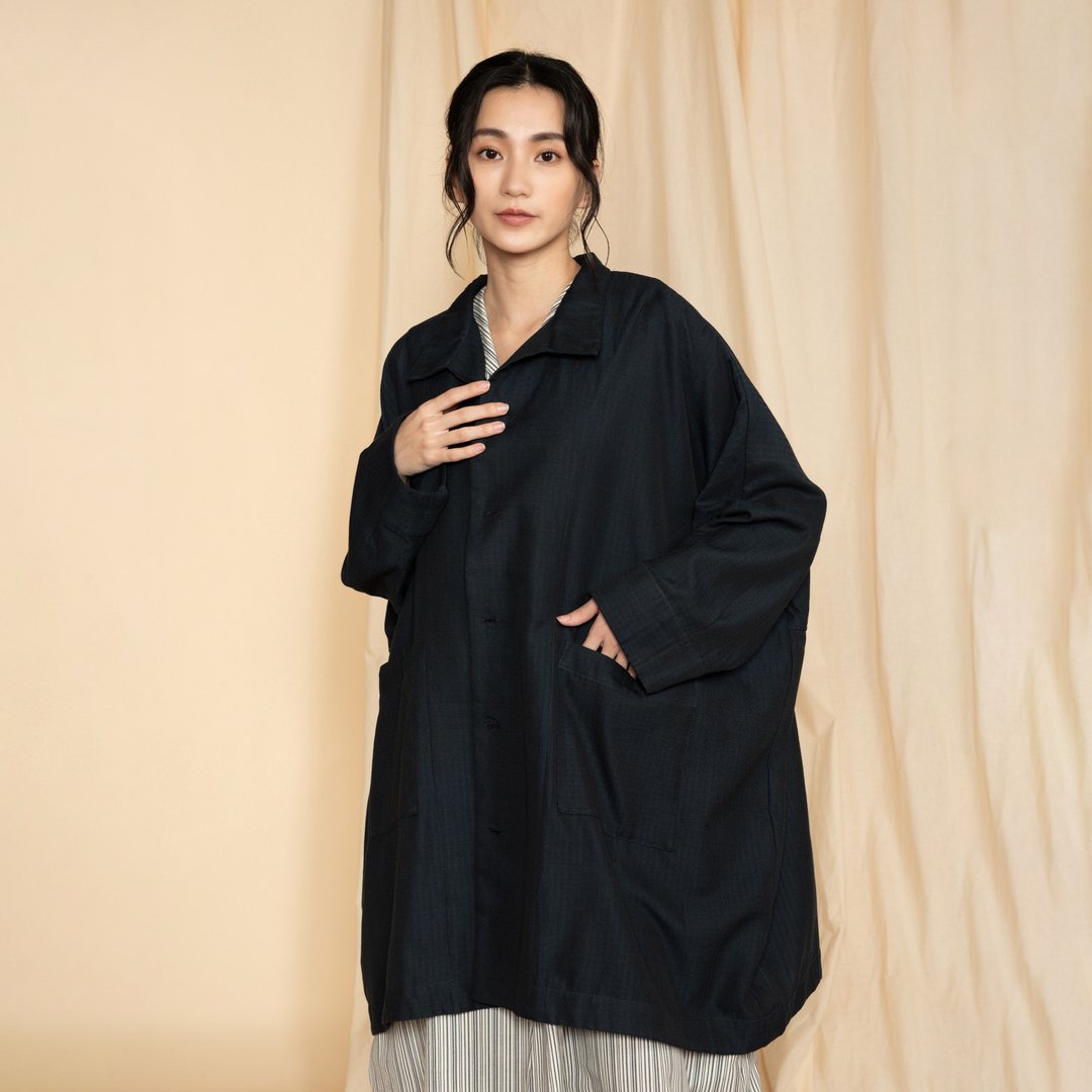 手织布_午后云隙长身外套_墨塘 - 女装休闲/机能外套 - 棉 黑色