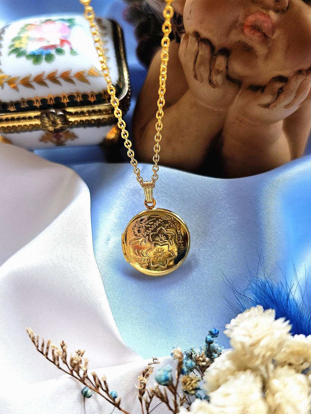 金漾优雅雕花花卉LOCKET复古项链/vintage美国西洋古董饰品 - 项链 - 其他金属 
