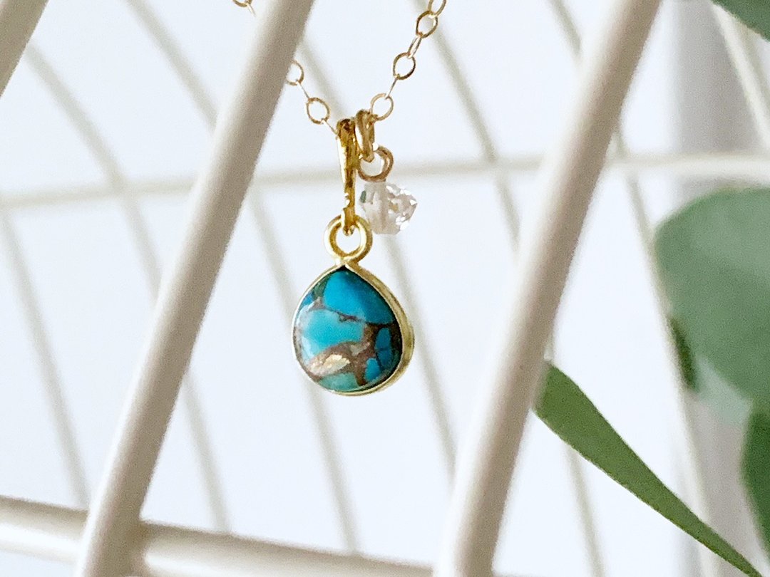 [December Birthstone] Turquoise with Copper and Herkimer Diamond Necklace (K14GF) - 项链 - 半宝石 蓝色