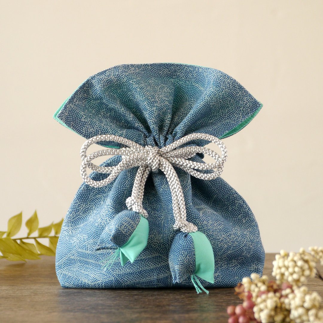 Kimono Drawstring purse FUGURO that brings happiness - 化妆包/杂物包 - 棉 蓝色