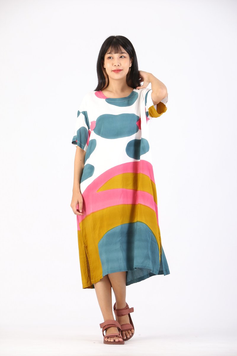 Short Dress Kaftan Cotton Silk Hand Paint Free Size - 洋装/连衣裙 - 棉．麻 白色