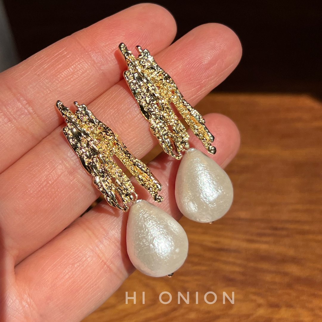Hi Onion小众设计复古棉花珍珠耳钉水滴耳夹个性高级气质百搭耳饰 - 耳环/耳夹 - 其他材质 