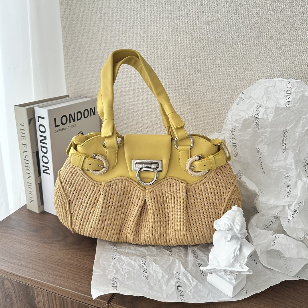 Salvatore Ferragamo 菲拉格慕 马衔扣 黄色 藤编 × 皮革 手提包 - 手提包/手提袋 - 真皮 黄色
