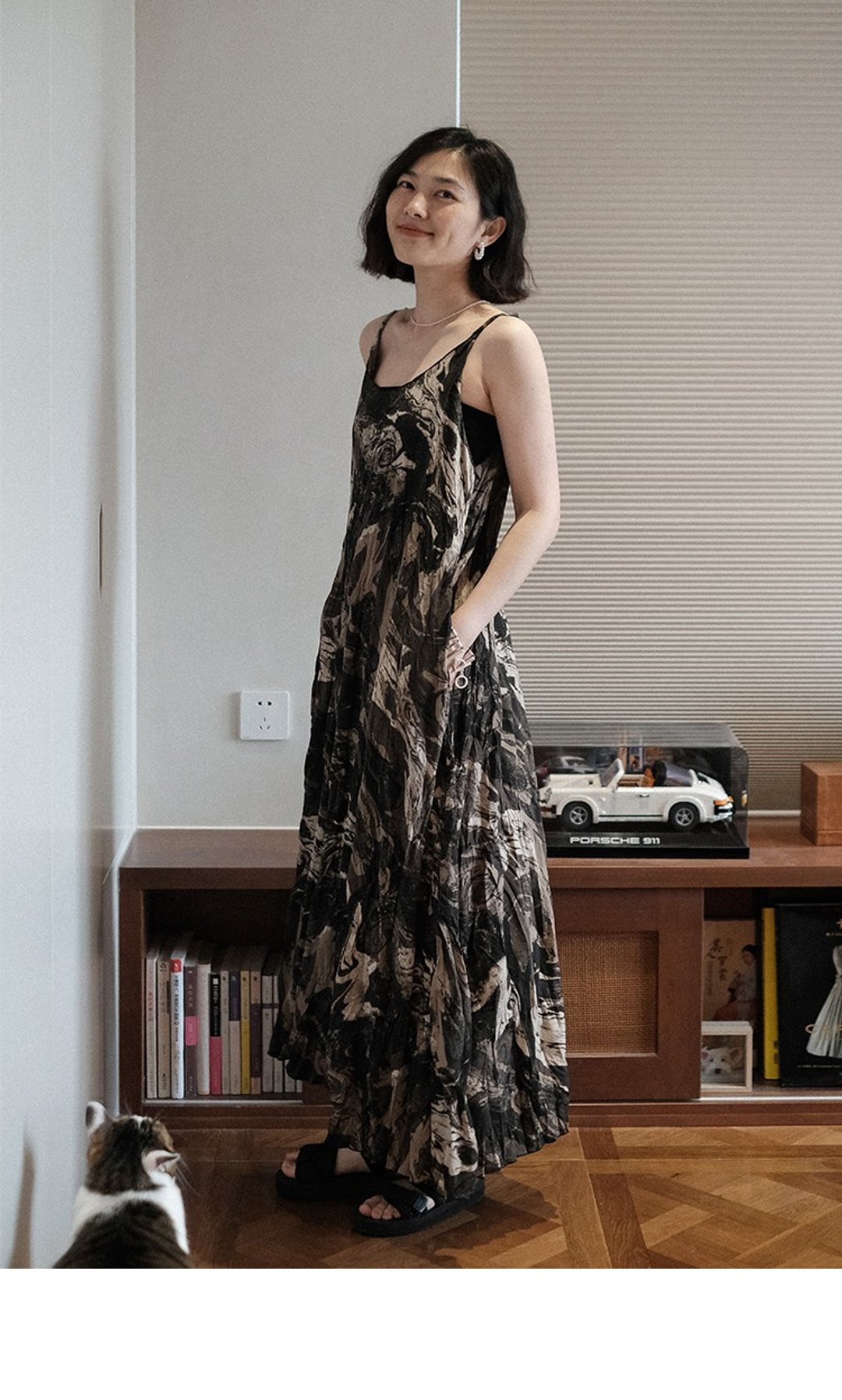 夏中长款褶皱 宽松休闲印花吊带连衣裙 洋装 - 洋装/连衣裙 - 棉 
