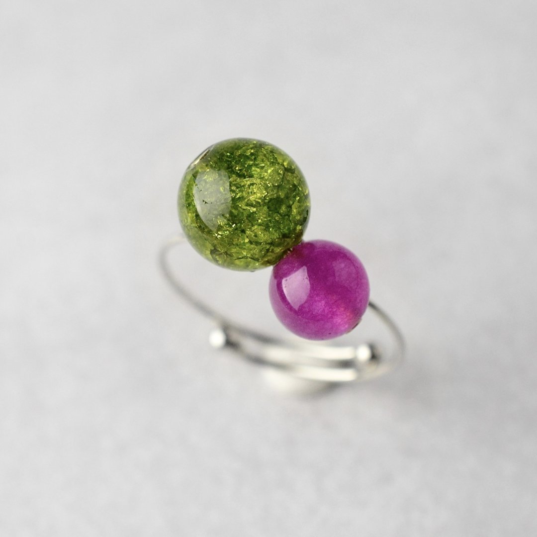 Bicolor Ring Crush Green Cranberry Pink Ring Natural Stone Open Ring Birthday Gift Woman Wedding Gift Japanese Design - 戒指 - 半宝石 绿色