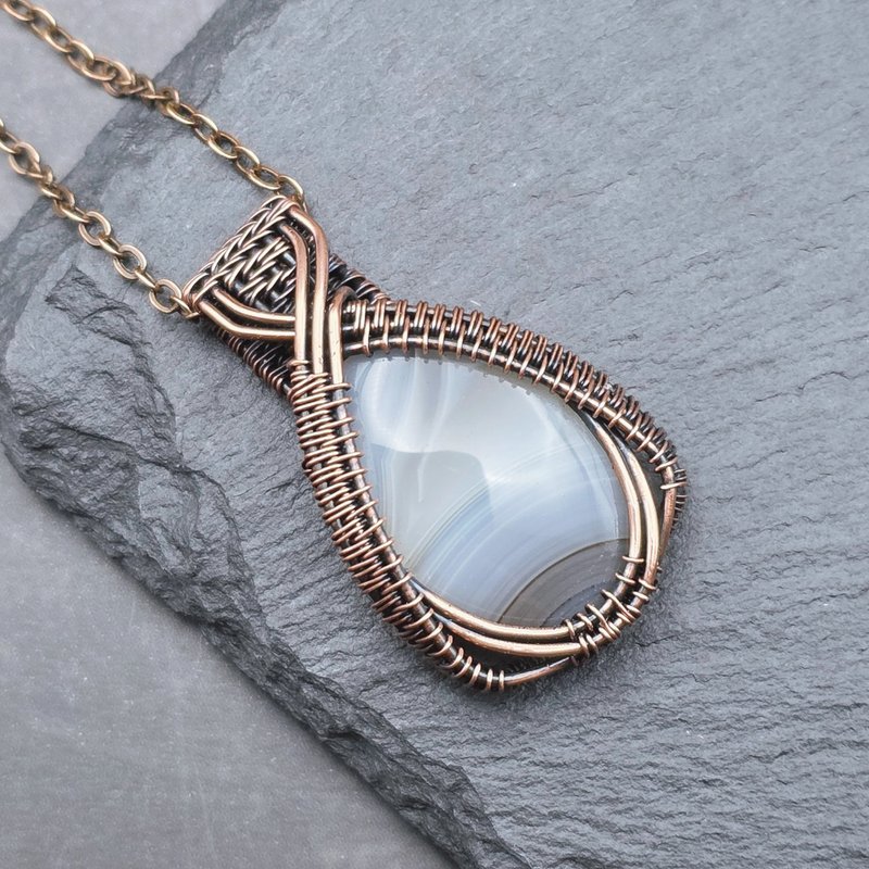 海洋玛瑙 造旧铜线吊坠 金属绕线 - 项链 - 铜/黄铜 银色