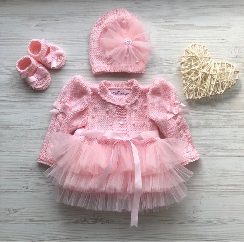 Pink clothing set for baby girl. Hand knit dress, hat, booties for baby. - 包屁衣/连体衣 - 其他材质 