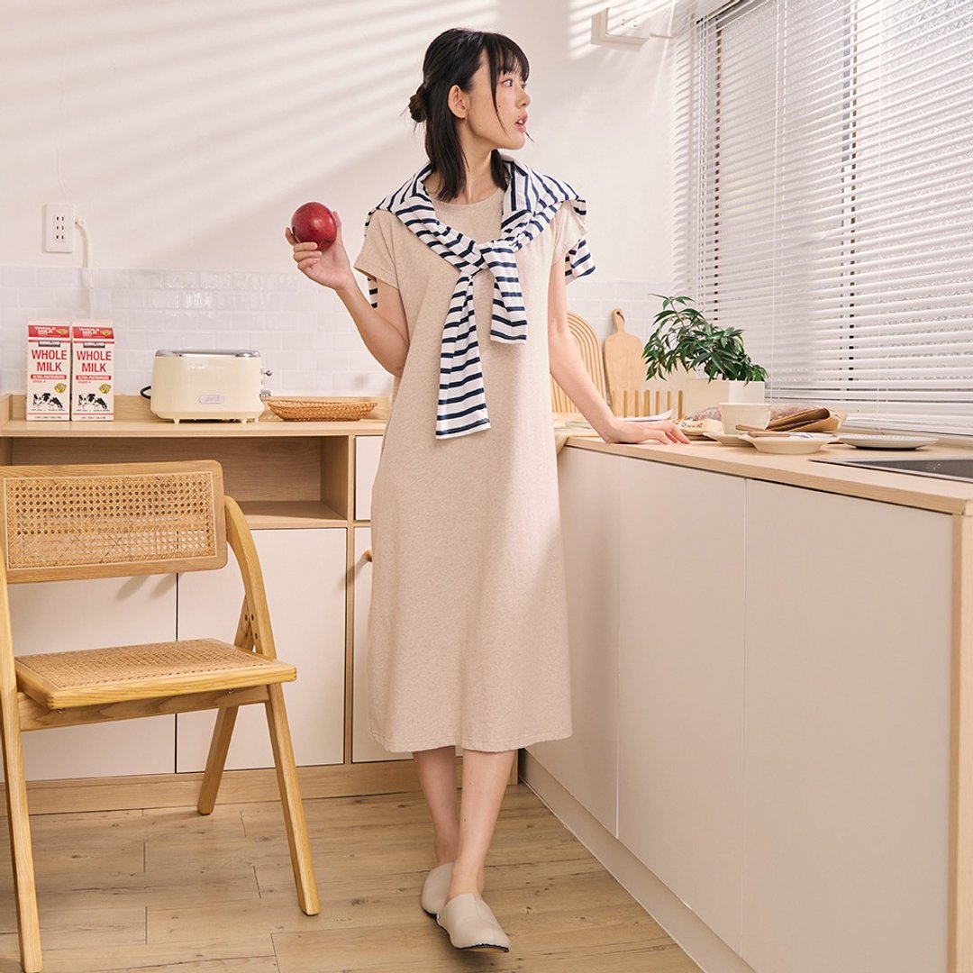 MIT有机棉小盖袖修身长洋装-共3色 - 居家服/睡衣 - 棉 多色