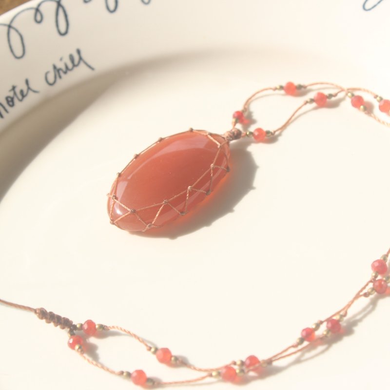印度手工编织・天然红玛瑙项链—疗愈系可调节蜡线坠饰 - 项链 - 宝石 橘色