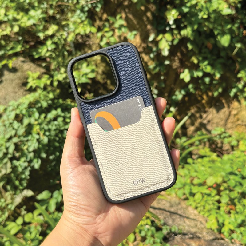 【iPhone咭位手机壳】蓝色十字纹牛皮/防摔全包覆/悠游卡套 - 手机壳/手机套 - 真皮 蓝色