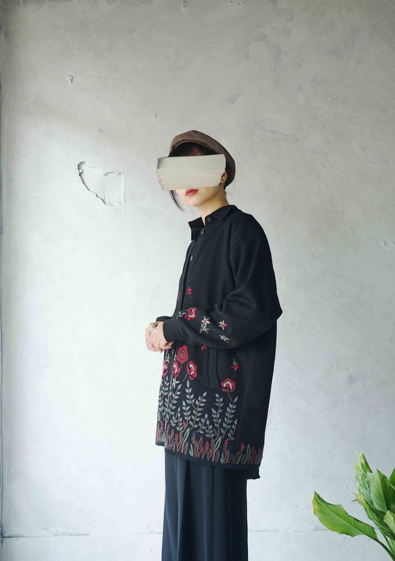 寻宝古着-插画秘密花园立体刺绣黑色开襟针织外套 - 女装针织衫/毛衣 - 羊毛 黑色