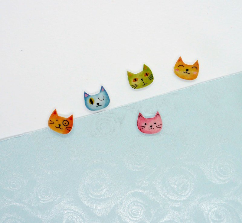 猫咪手绘可爱耳环5件组  可改夹式耳环 - 耳环/耳夹 - 树脂 