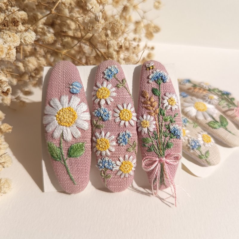 发夹,手绣发夹,雏菊发夹,可爱发夹,复古发夹 - 发饰 - 棉．麻 粉红色