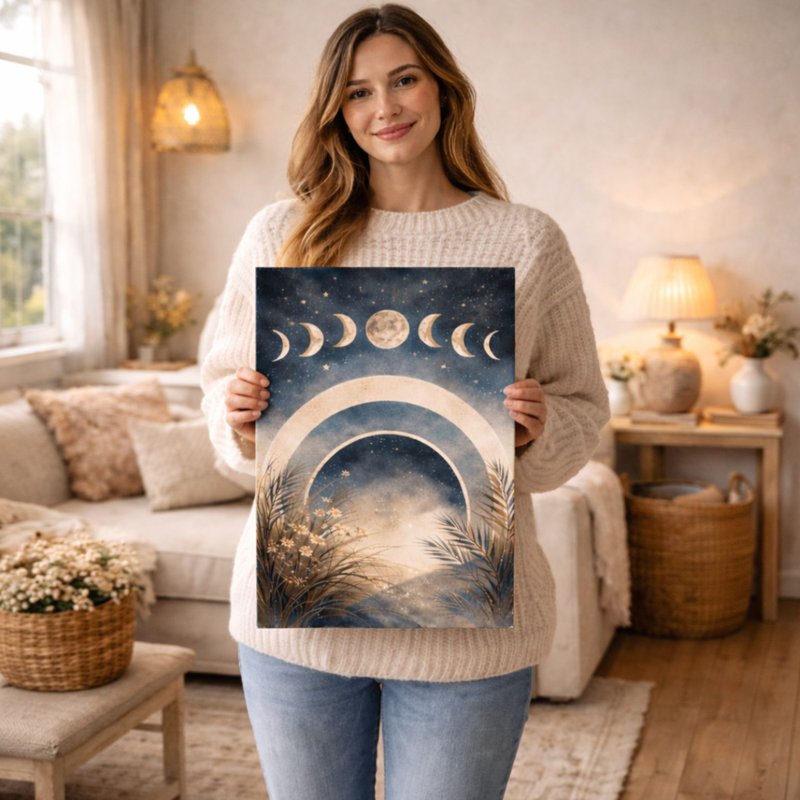 月相挂画, 星空夜景画, 波西米亚风壁画, 疗愈系装饰, 卧室挂画 - 墙贴/壁贴 - 棉．麻 