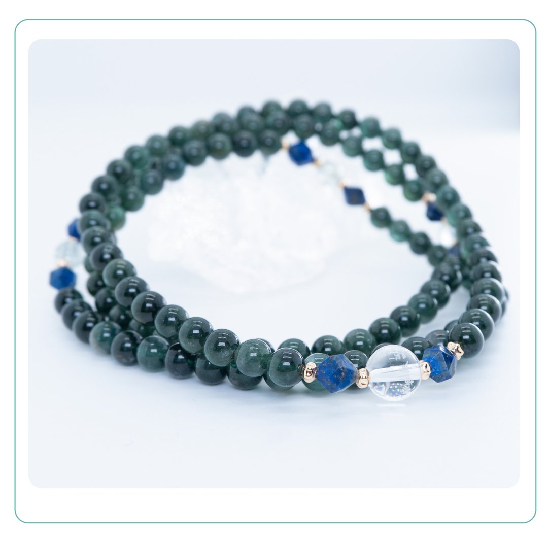 Zen | 108 绿碧玺念珠  白水晶莲花生大士心咒 青金石 绿锂辉 - 手链/手环 - 水晶 
