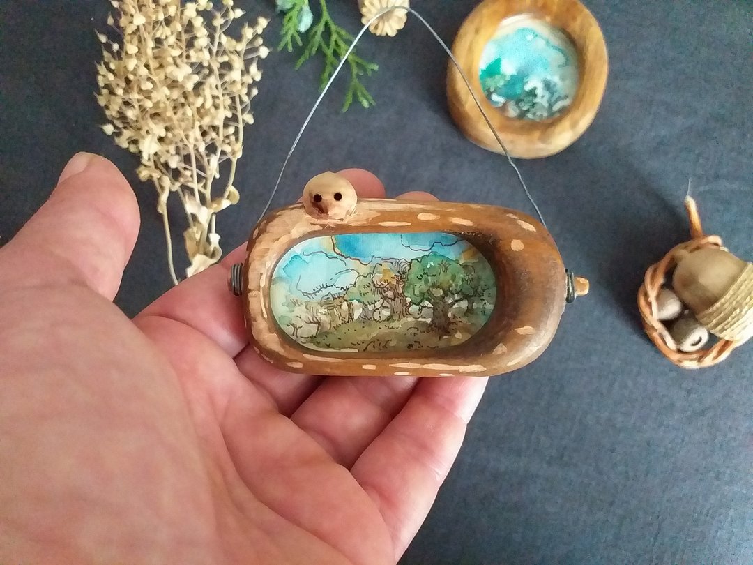 带有手工雕刻框架的原创水彩和水墨画  微型墙艺术  风景画  微型 - 墙贴/壁贴 - 木头 咖啡色