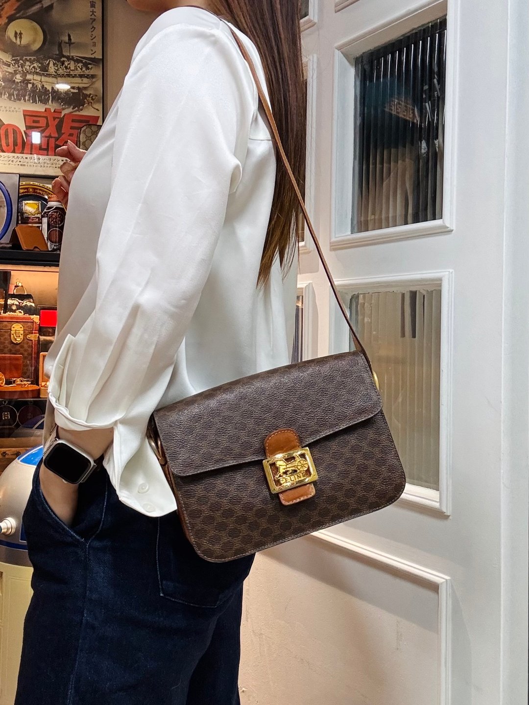 中古稀有 Celine Macadam 马车扣斜背包 男女适用 中古包 - 侧背包/斜挎包 - 真皮 咖啡色