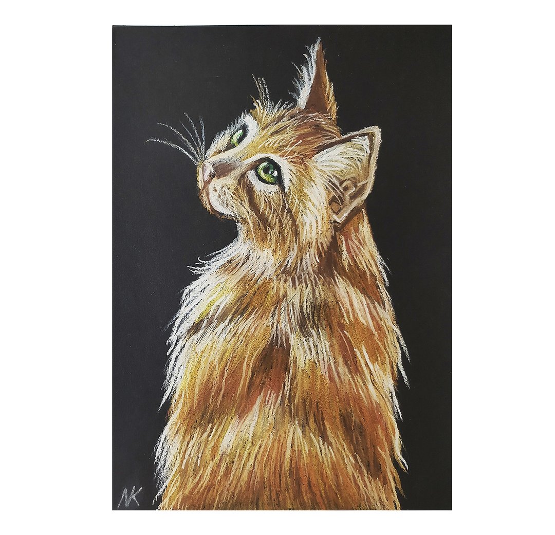 Portrait of a red fluffy cat oil pastel original work animal original painting - 墙贴/壁贴 - 纸 橘色