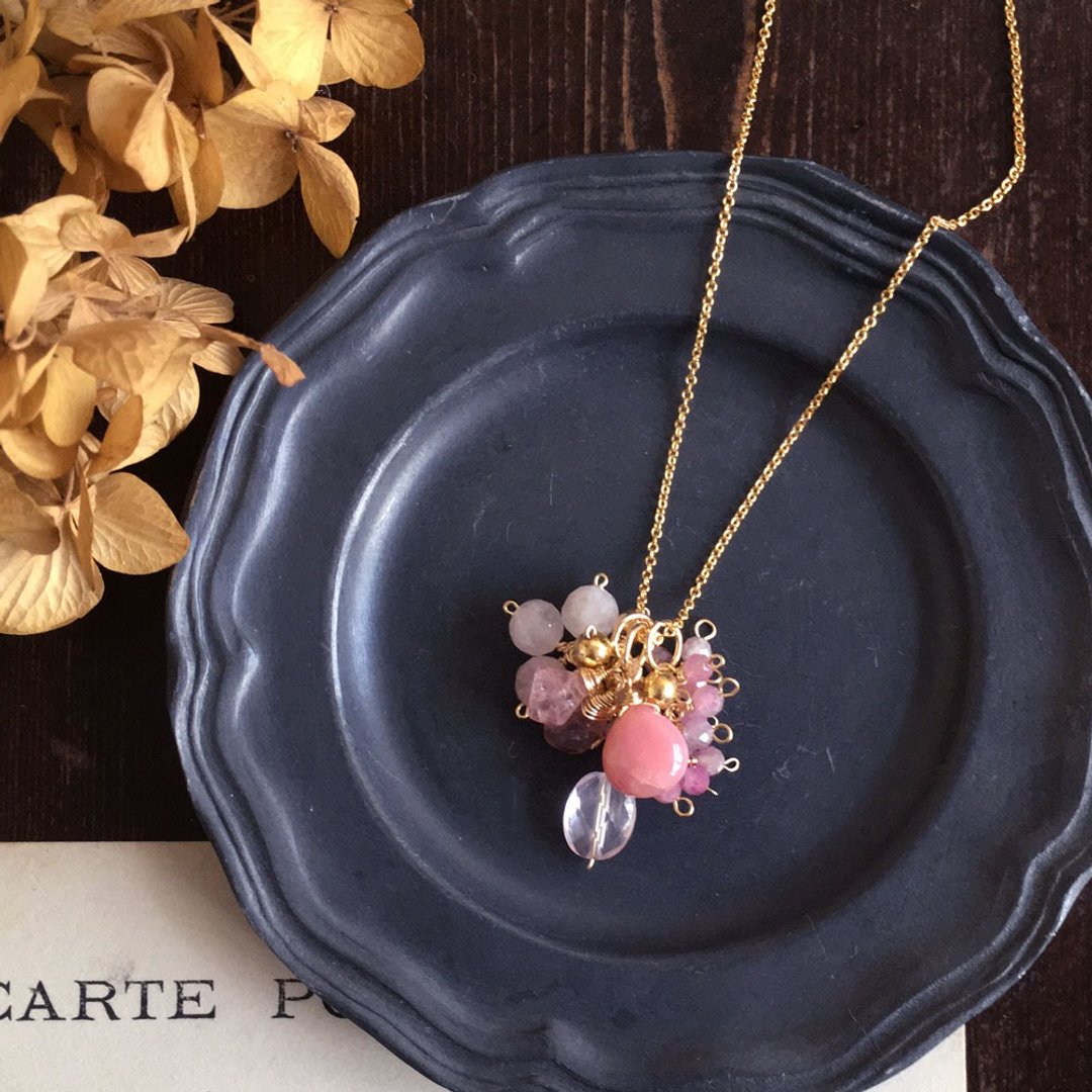 14kgf Pink natural stone swag necklace / 4way sjoka36 - 项链 - 宝石 粉红色