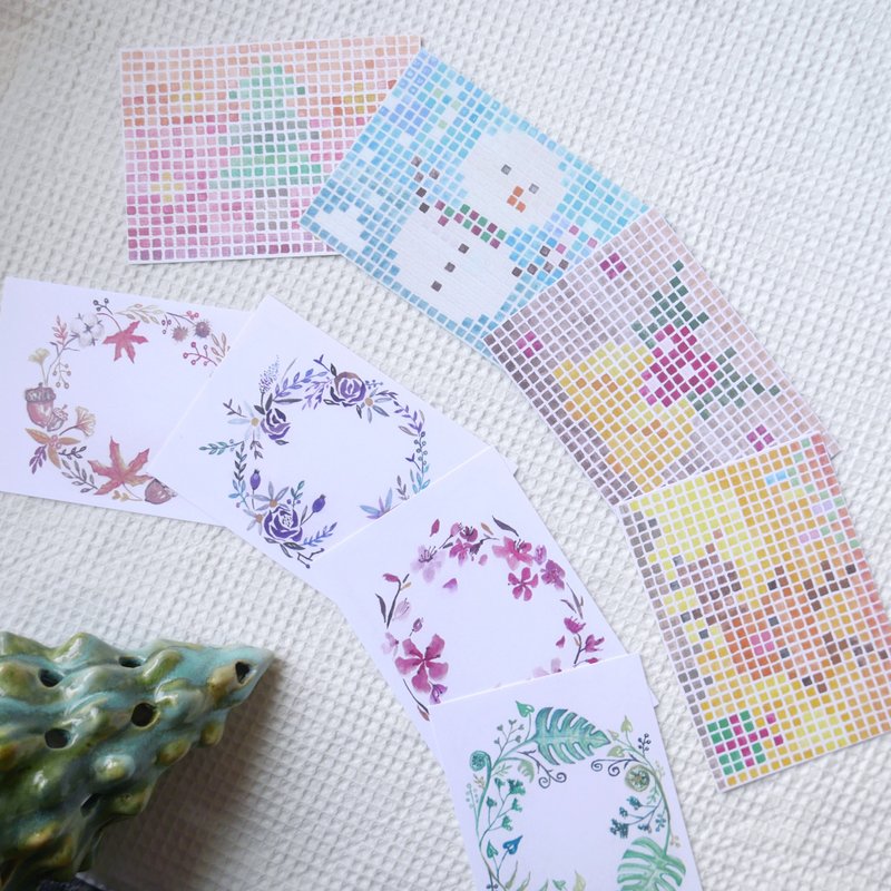 圣诞卡片组合包/8张 赠素色信封 | 马赛克+四季花圈款 - 卡片/明信片 - 纸 蓝色